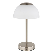 Nabíjecí stolní lampa, kov nikl matný, sklo bílé, dotykové zapnutí/vypnutí, plynulá regulace dotykovým stmívačem, baterie CR18650 1800mAh, 3,7V, nabíjení 4h, svícení 6-8h., ø: 15cm, výška: 31cm, LED zdroj 243lm, výstup 150lm, CCT 2700/6500/4000K
