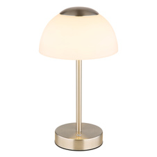 Nabíjecí stolní lampa, kov nikl matný, sklo bílé, dotykové zapnutí/vypnutí, plynulá regulace dotykovým stmívačem, baterie CR18650 1800mAh, 3,7V, nabíjení 4h, svícení 6-8h., ø: 15cm, výška: 31cm, LED zdroj 243lm, výstup 150lm, CCT 2700/6500/4000K