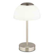 Nabíjecí stolní lampa, kov nikl matný, sklo bílé, dotykové zapnutí/vypnutí, plynulá regulace dotykovým stmívačem, baterie CR18650 1800mAh, 3,7V, nabíjení 4h, svícení 6-8h., ø: 15cm, výška: 31cm, LED zdroj 243lm, výstup 150lm, CCT 2700/6500/4000K