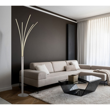 Stojací lampa, kov matný nikl, plast bílý, chrom, černý PVC kabel, dotykový stmívač, 3-stupňový stmívač: 100-60-20%, DxŠxV:56x60x187cm, délka kabelu 180cm, LED 36W 230V, zdroj 4120lm, výstup 1350lm, 3000K