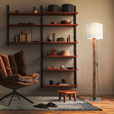 Stojací lampa, přírodní barva dřeva, kov, bílý textil, kolébkový vypínač na kabelu, eukalyptové dřevo, přírodně pěstované, ø: 300mm, V: 1400mm, bez žárovky 1xE27, max. 40W 230V