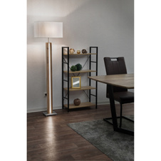 Stojací lampa, imitace dřeva MDF, kovový dub, textilní béžová, tlačítkový vypínač, stmívatelná, samostatně vypínatelná/stmívatelná, DxŠxVxH: 400x270x1500mm, včetně LED 17W 230V, výkon 1900lm, 3000K, bez žárovky 1xE27, max. 40W 230V