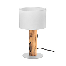 Stolní lampa, přírodní barva dřeva, kov, bílý textil, kolébkový vypínač na kabelu, eukalyptové dřevo, přirozeně pěstované, Ø:18cm, V:32cm, bez žárovky 1xE14, max. 40W 230V