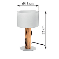 Stolní lampa, přírodní barva dřeva, kov, bílý textil, kolébkový vypínač na kabelu, eukalyptové dřevo, přírodně pěstované, ø: 180mm, V: 320mm, bez žárovky 1xE14, max. 40W 230V