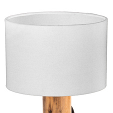 Stolní lampa, přírodní barva dřeva, kov, bílý textil, kolébkový vypínač na kabelu, eukalyptové dřevo, přírodně pěstované, ø: 180mm, V: 320mm, bez žárovky 1xE14, max. 40W 230V