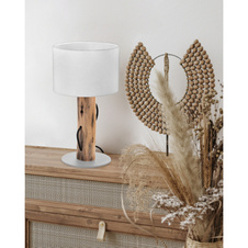 Stolní lampa, přírodní barva dřeva, kov, bílý textil, kolébkový vypínač na kabelu, eukalyptové dřevo, přírodně pěstované, ø: 180mm, V: 320mm, bez žárovky 1xE14, max. 40W 230V