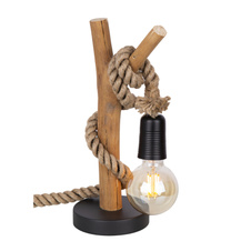 Stolní lampa, dřevo přírodní barvy, černý kov, konopí, eukalyptové dřevo, přirozeně pěstované, Ø:15cm, V:40cm, bez žárovky 1xE27,max. 10W 230V