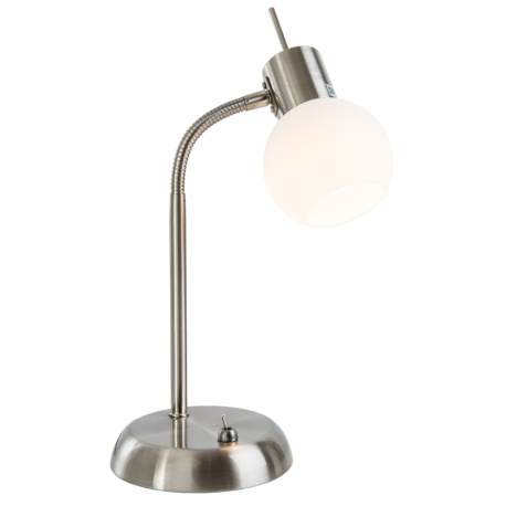 Stolní lampa, kov nikl matný, sklo bílé, kolébkový vypínač na výrobku, flexo, DxŠxV:13x13x30cm, včetně žárovky 1xE14 LED 5W 230V, výstup 430lm, 3000K