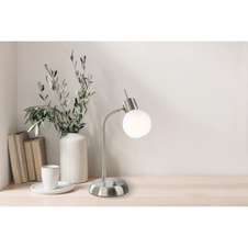 Stolní lampa, kov nikl matný, sklo bílé, kolébkový vypínač na výrobku, flexo, DxŠxV:13x13x30cm, včetně žárovky 1xE14 LED 5W 230V, výstup 430lm, 3000K