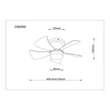 Stropní ventilátor, kov bílý mat, plast bílý mat, stmívatelný, několik úrovní nástěnným vypínačem, dálkové ovládání, 15m², ø: 400mm, V: 126mm, včetně LED 9W 230V, zdroj 1000lm, výkon 800lm, CCT 2700-6500K