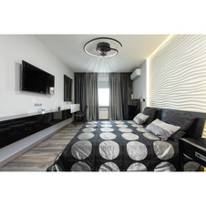 Stropní ventilátor, kov černý/hliník černý matný, plast bílý/kouřový, stmívatelný, několik úrovní nástěnným vypínačem, paměť, dálkové ovládání, 20m², ø: 450mm V: 139mm, ø lopatek: 280mm, LED 30W 230V, zdroj 215-3370lm, výkon 105-1660lm, CCT2700-6500K