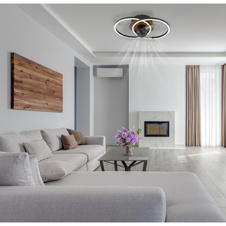 Stropní ventilátor, kov černý/imitace dřeva,plast bílý/kouřový, stmívatelný, více úrovní nástěnným vypínačem, paměť, dálkové ovládání, 20m², DxŠxV: 420x280x144mm, lopatky ø: 280mm, LED 24W 230V, zdroj 150-2800lm, výkon 28-490lm, CCT2700-6500K