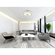 Stropní ventilátor, kov bílý, hliník, plast bílý, stmívatelný, několik úrovní pomocí nástěnného spínače, paměť, dálkové ovládání, 25m², ø: 50cm, výška: 18cm, včetně LED 40W 230V, zdroj 4100lm, výstup 2800lm, CCT 2700-6500K