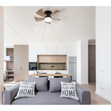 Stropní ventilátor, černý matný kov, imitace tmavého dřeva/bílá, stmívatelný, několik úrovní nástěnným vypínačem, dálkové ovládání, 15m², ø: 400mm V: 126mm, LED 9W 230V, zdroj 1000lm, výkon 800lm, CCT2700-6500K