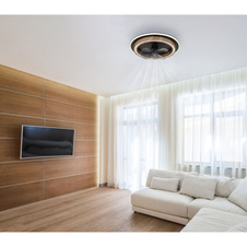 Stropní ventilátor, kov černý mat, MDF vzhled dřeva tmavý, plast bílý/kouřový, stmívatelný, několik úrovní nástěnným vypínačem, paměť, dálkové ovládání, 15m², ø: 500mm V: 135mm, LED 32W 230V, zdroj 320-3200lm, výkon 120-1200lm, CCT 2700-6500K