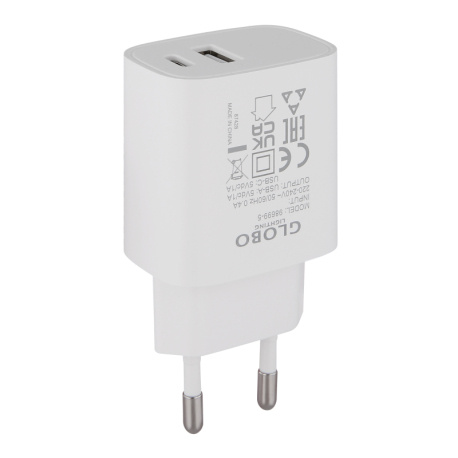 Matný bílý plast, síťová zástrčka 5W 5V DC/1A s výstupem USB A a USB-C, DxŠxV:8x4x2,9cm