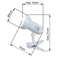 Stolní lampa, klipsové, kov bílý, bílý plast, nastavitelné, vypínač, ŠxV: 16x21cm, bez žárovky 1xE27, max. R63 40W 230V.