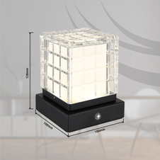 Nabíjecí stolní lampa, kov černý, akryl čirý, satinovaný povrch, černý PVC kabel, dotykové zapnutí/vypnutí, plynulé dotykové stmívání, možnost montáže na zeď, aku CR18650 1800mAh 3,7V, DxŠxV:100x100x100mm, LED 2,5W 5V 206lm 2700/6500/4000K