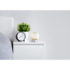 Dekorativní svítidlo, plast stříbrný matný, skleněná koule čirá s efektem prasklého skla, posuvný vypínač, bez adaptéru, USB-A 2.0 - USB-C, včetně baterie 14500 600mAh 3,7V, IP44, ø: 120mm, V: 135mm, délka kabelu 800mm, LED 0,06W 230V, 3000K