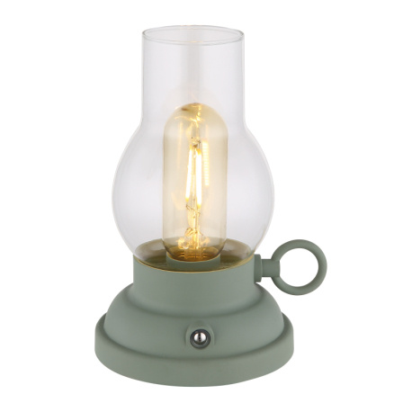 Dekorativní svítidlo, plast zelený mat, čiré sklo, plast jantar, dotykový stmívač, bez adaptéru, USB-A 2.0 - USB-C, bat. CR18650 1200mAh 3,7V, svítí při nabíjení, DxŠxV: 125x107x175mm, kabel 1000mm, LED 1W 230V, zdroj 80lm, výkon 65lm, 2700K