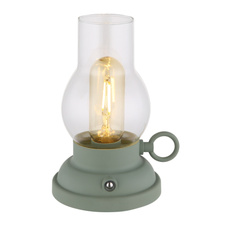 Dekorativní svítidlo, plast zelený mat, čiré sklo, plast jantar, dotykový stmívač, bez adaptéru, USB-A 2.0 - USB-C, bat. CR18650 1200mAh 3,7V, svítí při nabíjení, DxŠxV: 125x107x175mm, kabel 1000mm, LED 1W 230V, zdroj 80lm, výkon 65lm, 2700K