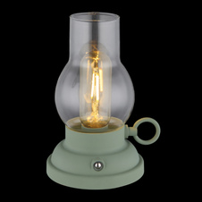 Dekorativní svítidlo, plast zelený mat, čiré sklo, plast jantar, dotykový stmívač, bez adaptéru, USB-A 2.0 - USB-C, bat. CR18650 1200mAh 3,7V, svítí při nabíjení, DxŠxV: 125x107x175mm, kabel 1000mm, LED 1W 230V, zdroj 80lm, výkon 65lm, 2700K