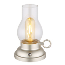 Dekorativní svítidlo, plast šampaň mat, čiré sklo, plast jantar, dotykový stmívač, bez adaptéru, USB-A 2.0 - USB-C, baterie CR18650 1200mAh 3,7V, svítí při nabíjení, DxŠxVxH: 125x107x175mm, kabel 1000mm, LED 1W 230V, zdroj 80lm, výkon 65lm, 2700K