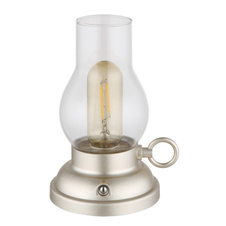 Dekorativní svítidlo, plast šampaň mat, čiré sklo, plast jantar, dotykový stmívač, bez adaptéru, USB-A 2.0 - USB-C, baterie CR18650 1200mAh 3,7V, svítí při nabíjení, DxŠxVxH: 125x107x175mm, kabel 1000mm, LED 1W 230V, zdroj 80lm, výkon 65lm, 2700K