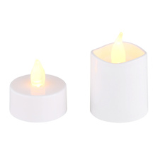 Dekorativní lampa, bílý plast/satén, vypínač, efekt ohně, včetně baterie 1xCR2032 210mAh, sada 16 ks s 10 malými a 6 velkými svíčkami, cca 100 hodin svícení. , ø: 37mm, výška 3,5cm/5,5cm, LED 0,02W 3V, zdroj 4lm, výkon 3lm, 2300K.