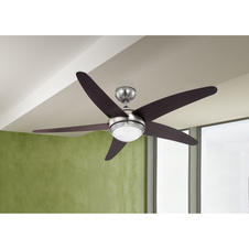 Stropní ventilátor, nikl matný, MDF Wenge, sklo bílé, 3 rychlosti, 2 směry otáčení, motor 55W 230V, dálkové ovládání, ø:1320 V:372, včetně žárovky 1xR7s 80W 230V.