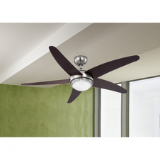 Stropní ventilátor, nikl matný, MDF Wenge, sklo opál, 3 rychlosti, 2 směry otáčení, motor 55W 230V, dálkové ovládání, ø:1320 V:372, včetně žárovky 1xR7s 80W 230V.