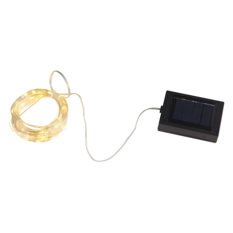 Solární řetěz plast čirý, černé, vypínač, součástí balení baterie AA 600mAh 1,2V, IP44, solární panel samostatně, vzdálenost LM 10cm, Ø2mm, délka kabelu 1500mm, vč.120x LED 0,06W 3,2V