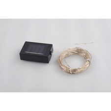 Solární řetěz plast čirý, černé, vypínač, součástí balení baterie AA 600mAh 1,2V, IP44, solární panel samostatně, vzdálenost LM 10cm, Ø2mm, délka kabelu 1500mm, vč.120x LED 0,06W 3,2V