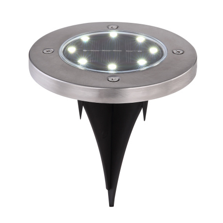 Solární svítidlo, nerez, plast černý a průhledný, 4ks v balení, kulaté, s hrotem na zapíchnutí do země, vypínač, IP44, včetně baterie 1xAA 300mAh 1,2V, Ø118mm, V:130mm, včetně 8xLED 0,1W 3V, bílá, 6500K