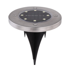 Solární svítidlo, nerez, plast černý a průhledný, 4ks v balení, kulaté, s hrotem na zapíchnutí do země, vypínač, IP44, včetně baterie 1xAA 300mAh 1,2V, Ø118mm, V:130mm, včetně 8xLED 0,1W 3V, bílá, 6500K