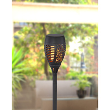 Solární svítidlo, plast černý, plast černý satinovaný, pochodeň s hrotem na zapíchnutí do země, efekt hořícího ohně, 2 ks v balení, IP44, vypínač, včetně baterie 1xAAA 300mAh 1,2V, Ø95mm, V:500mm, včetně 36xLED 0,5W 3V, 3000K