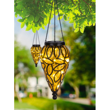 Solární svítidlo kovové černé, plast černý, ozdobná plastová jantarová kapka, IP44, kapky s ozdobou na zavěšení, Ø135mm, V:500mm, včetně 15x LED 0,06W 3,2V, 3200K