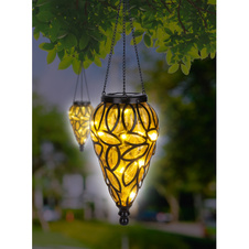 Solární svítidlo kovové černé, plast černý, ozdobná plastová jantarová kapka, IP44, kapky s ozdobou na zavěšení, Ø135mm, V:500mm, včetně 15x LED 0,06W 3,2V, 3200K