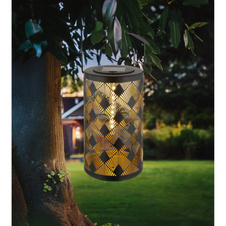 Solární svítidlo, kov černý matný, plast černý, kov zlatý, vypínač, ohnivý efekt, baterie AA 600mAh 1,2V, IP44, svítidlo k zavěšení nebo postavení, ø:12cm, V:32,5cm, včetně 20xLED 0,5W 3V 3000K