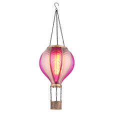 Solární svítidlo, kov černý, zlatá patina, plast růžový, saténový povrch, vypínač, ohnivý efekt, baterie AAA 300mAh 1,2V, IP44, horkovzdušný balón, ø:14cm, V:46,5cm, včetně 20xLED 0,5W 3V 1600K