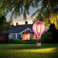 Solární svítidlo, kov černý, zlatá patina, plast růžový, saténový povrch, vypínač, ohnivý efekt, baterie AAA 300mAh 1,2V, IP44, horkovzdušný balón, ø:14cm, V:46,5cm, včetně 20xLED 0,5W 3V 1600K