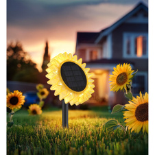 Solární svítidlo, plast černá matná, plast žlutá, vypínač, baterie AA 800mAh 1,2V, IP44, slunečnice se zapichovacím hrotem nebo k zavěšení, ø:13cm, V:29,5cm, včetně 8xLED 0,06W 3V, 3000K