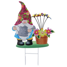 Solární lampa, barevný kov, plast, posuvný vypínač, baterie AAA 400mAh 1,2V, IP44, trpaslík s květinami a motýly, DxŠxV:43x8x47,5cm, AL:8cm, výška s bodcem 68cm, včetně 5xLED 0,06W 3V 3000K