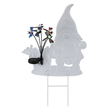 Solární lampa, barevný kov, plast, posuvný vypínač, baterie AAA 400mAh 1,2V, IP44, trpaslík s květinami a motýly, DxŠxV:43x8x47,5cm, AL:8cm, výška s bodcem 68cm, včetně 5xLED 0,06W 3V 3000K