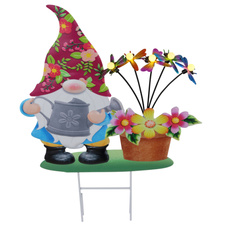 Solární lampa, barevný kov, plast, posuvný vypínač, baterie AAA 400mAh 1,2V, IP44, trpaslík s květinami a motýly, DxŠxV:43x8x47,5cm, AL:8cm, výška s bodcem 68cm, včetně 5xLED 0,06W 3V 3000K