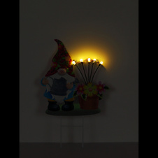 Solární lampa, barevný kov, plast, posuvný vypínač, baterie AAA 400mAh 1,2V, IP44, trpaslík s květinami a motýly, DxŠxV:43x8x47,5cm, AL:8cm, výška s bodcem 68cm, včetně 5xLED 0,06W 3V 3000K