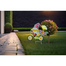 Solární svítidlo, barevný kov, plast, posuvný vypínač, baterie AAA 400mAh 1,2V, IP44, trpasličí kolo, s květinami, DxŠxV:52,5x15x44cm, včetně 20xLED 0,06W 3V 3000K