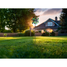 Solární svítidlo, kov multicolor, kov černý mat, čirá skleněná koule, barevné skleněné krystaly, posuvný vypínač, baterie AA 300mAh 1,2V, IP44, větrné kolečko na trnu, DxŠxV:32x17,5x124cm, včetně LED 0,024W 3V 3000K