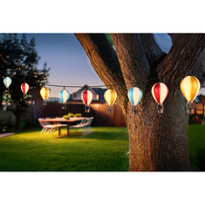 Solární svítidlo, barevný/černý matný plast, černý PVC kabel, posuvný vypínač, baterie AA 400mAh 1,2V, IP44, světelný řetěz s 9 malými balónky, DxŠxV:390x6x11cm, vzdálenost mezi LED 30cm, délka kabelu 150cm, včetně 9xLED 0,06W 3V 3000K