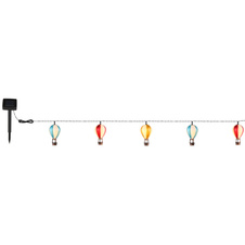 Solární svítidlo, barevný/černý matný plast, černý PVC kabel, posuvný vypínač, baterie AA 400mAh 1,2V, IP44, světelný řetěz s 9 malými balónky, DxŠxV:390x6x11cm, vzdálenost mezi LED 30cm, délka kabelu 150cm, včetně 9xLED 0,06W 3V 3000K